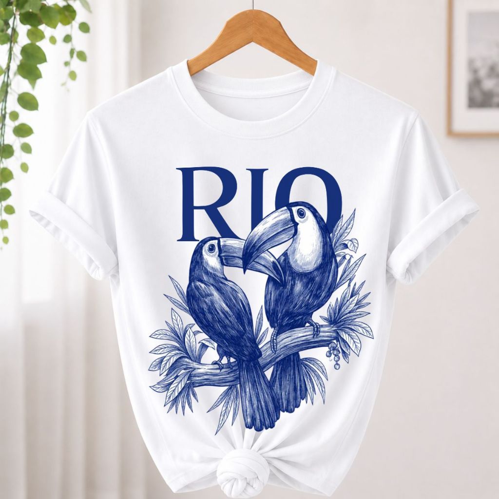 Camiseta Feminina Algodão Inspiração Tropical Brasil Amazônia Estampada RIO Tucano Brasilidade