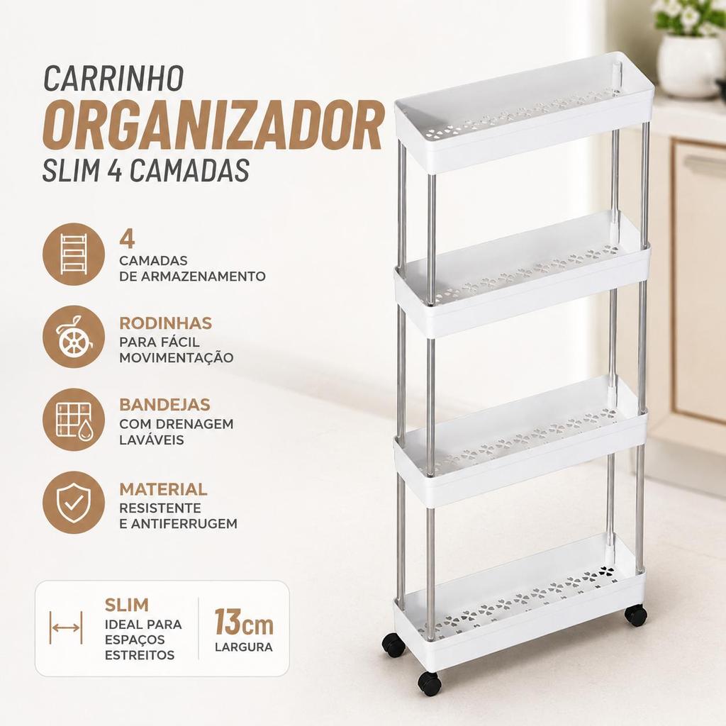 Carrinho Organizador Multiuso Laterais 4 Prateleiras Cozinha Lavanderia Banheiro