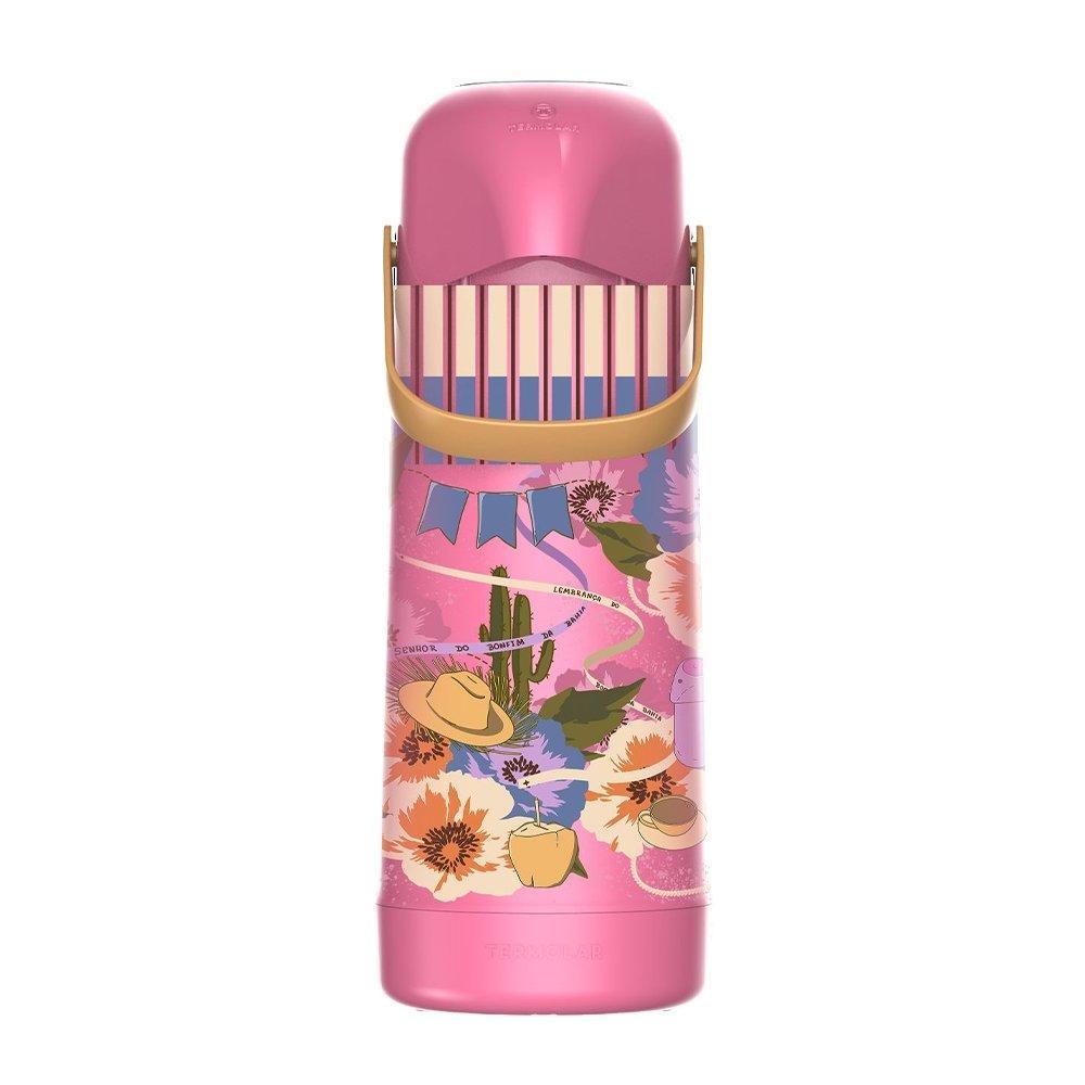 Garrafa Térmica Termolar Magic Pump - Bomba de Pressão, Rosa Decorada, 1L