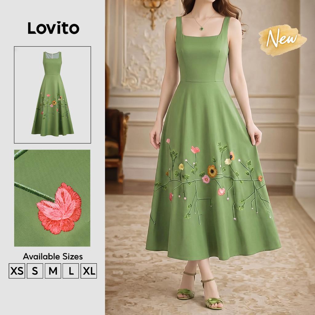 (New Arrival) Lovito Vestido Boho Retrô Com Zíper Elegante Vestido Verde Para Primavera/verão Feminino DRB201P1D485