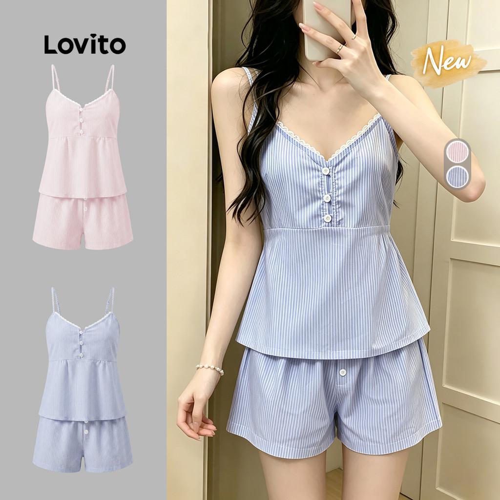 (New Arrival) Lovito Conjunto De Pijama Feminino Elegante De 2 Peças Estilo Coreano Com Listras Babados E Botões Laterais PSNS149P2X008