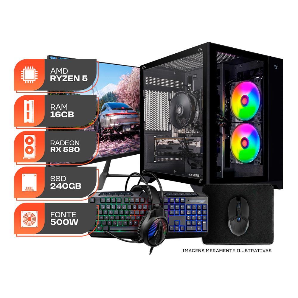 PC Gamer Forge, AMD Ryzen 5 5500, RX 580 8GB, 16GB DDR4, SSD 240GB, Completo com Monitor 23" 180Hz e Periféricos