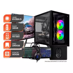 PC Gamer Forge, AMD Ryzen 5 5500, RX 580 8GB, 16GB DDR4, SSD 240GB, Completo com Monitor 23" 144Hz e Periféricos