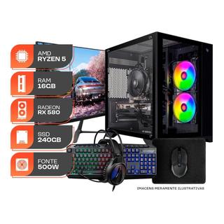 PC Gamer Forge, AMD Ryzen 5 5500, RX 580 8GB, 16GB DDR4, SSD 240GB, Completo com Monitor 23" 180Hz e Periféricos
