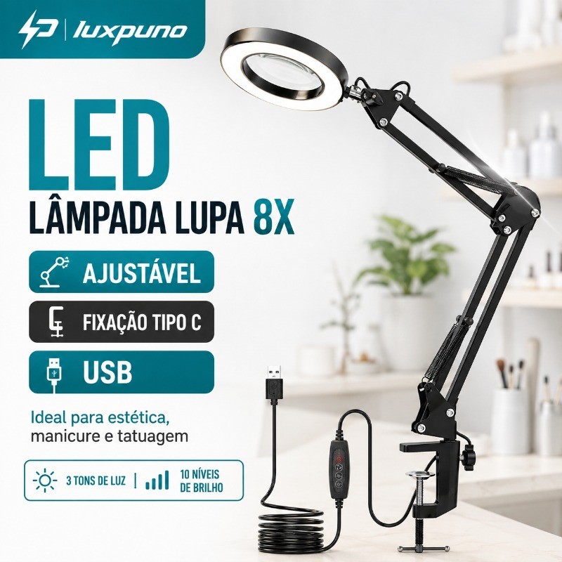 Luminária LED  Lupa Led Para Mesa 8x Profissional Estética Para Manicure ou Tatoo De Mesa Articulável