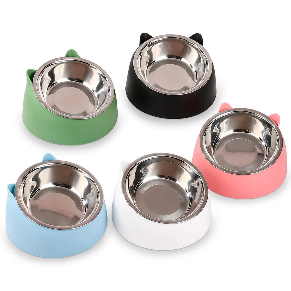 Comedouro para Gatos Inclinado com Pote Inox Removível Carinha de Gato