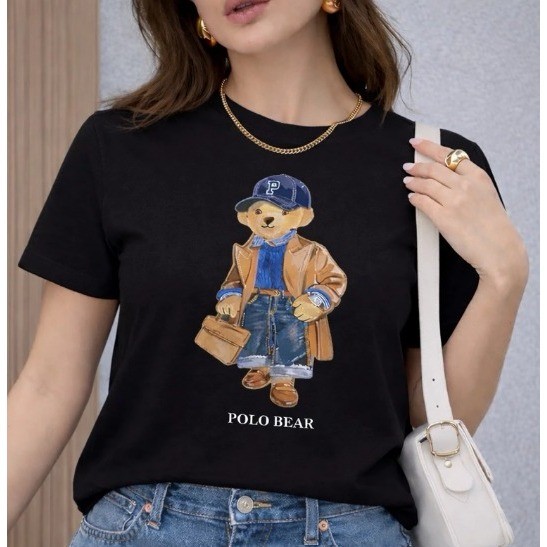 Camiseta Feminina Urso Estampa Premium Algodão Casual Confortável Tendência
