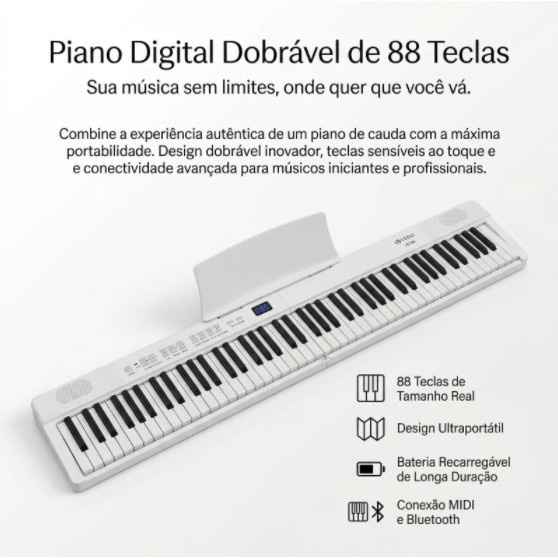 Piano dobrável de 88 teclas, piano elétrico sensível ao toque para iniciantes, teclado portátil, com suporte para partit