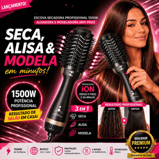 Escova Secadora 3 em 1 1500W Bivolt Iônica Alisadora Modeladora Anti Frizz - Prancha de C…