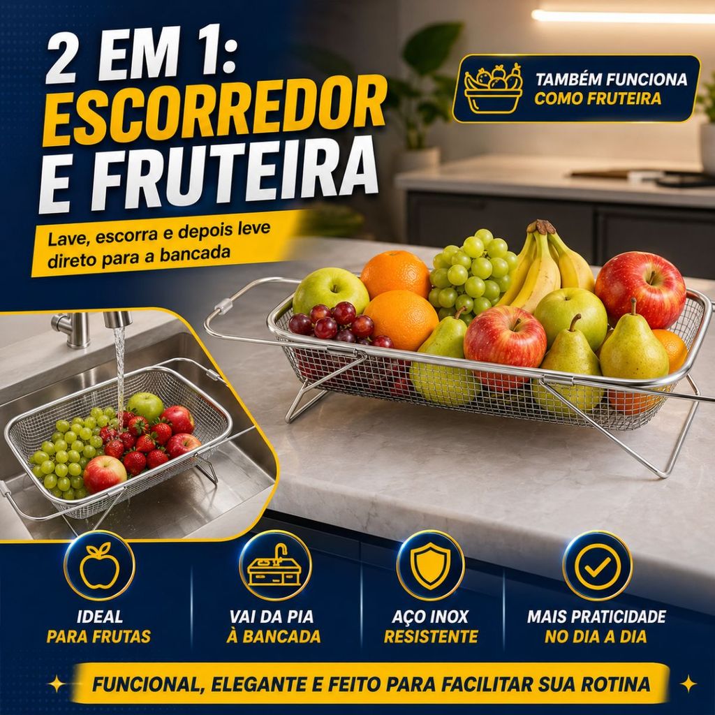 Escorredor De Pia Inox Lava Frutas Alça Retrátil Alimentos Fruteira Escorredor De Macarrão