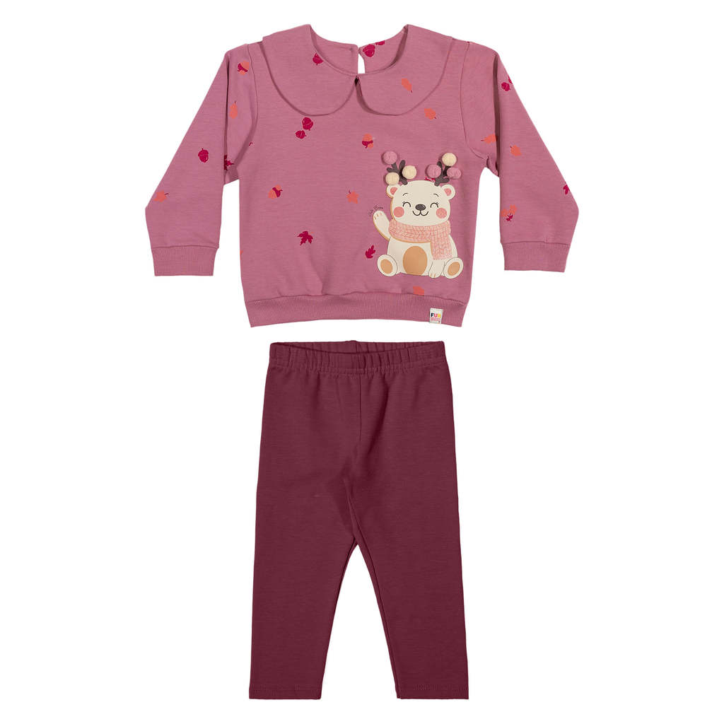 Conjunto Bebê Menina Ursinho Com Pompons Elian Rosa