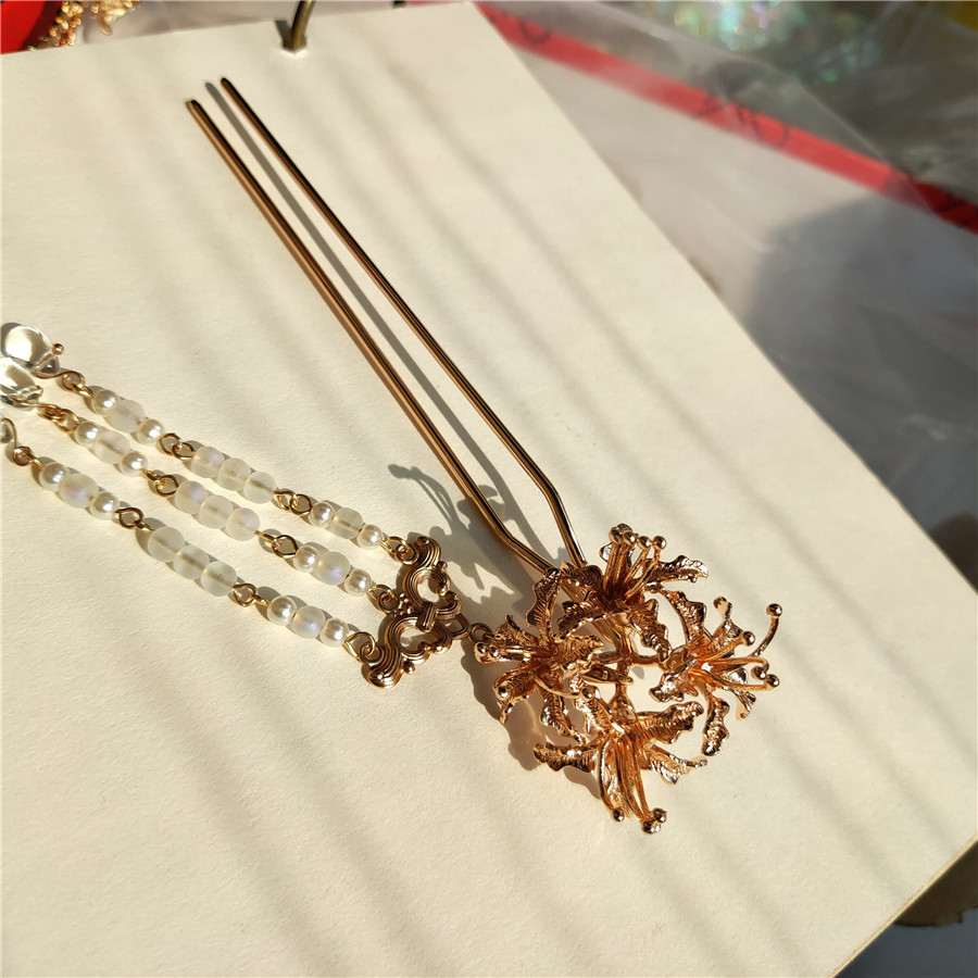 Frete grátis outro lado flor hairpin Hanfu cabeça jóias dourado Manzhu Shahua borla hairpin passo agitando jóias estilo 