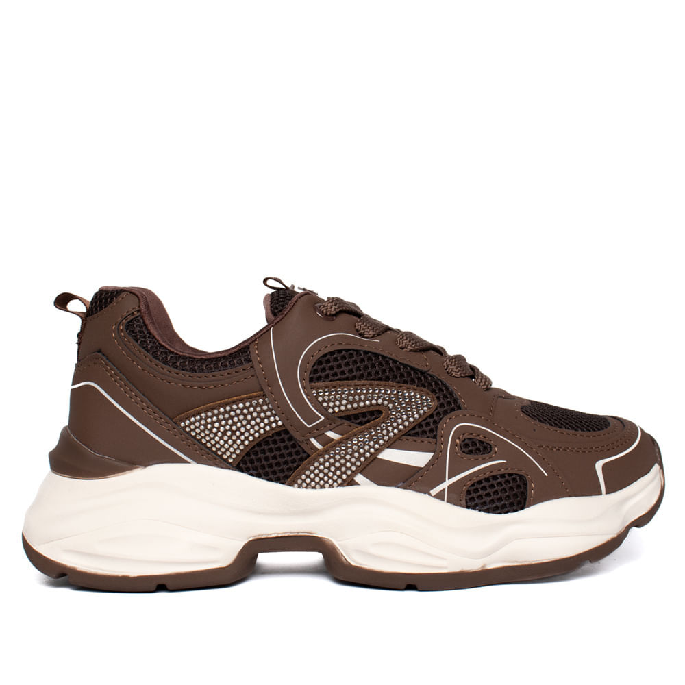 Tênis Feminino Via Marte Casual Chunky Strass Marrom/Branco