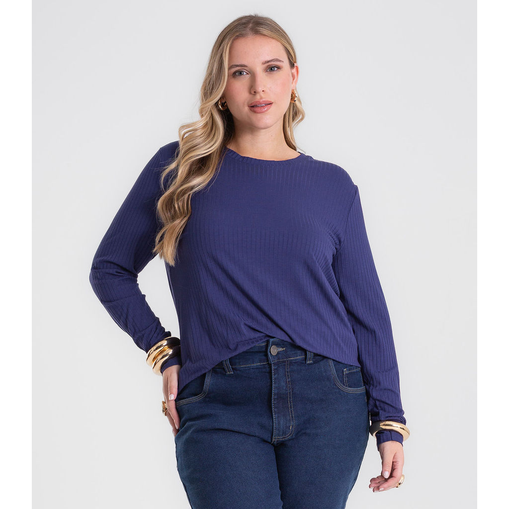 Blusa Manga Longa Ribana Canelada Secret Glam Azul