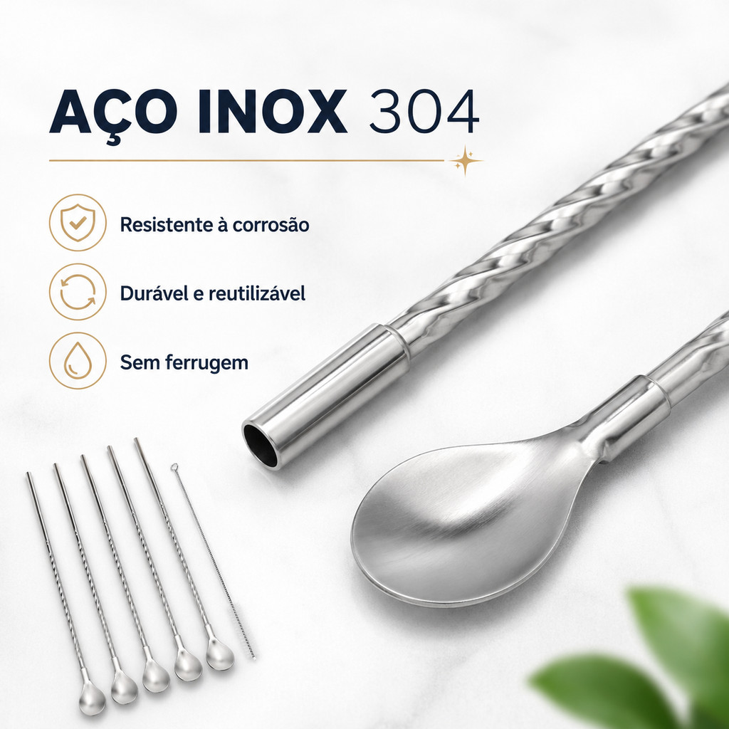 Kit 6 Canudos Inox com Colher Bailarina Reutilizável para Drinks Sucos e Bebidas — imagem 2 de 2