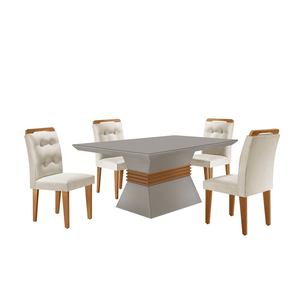 Conjunto Sala de Jantar Mesa Clarice 120x80cm Tampo Vidro/MDF Canto Reto com 4 Cadeiras Valentina Branco/Veludo