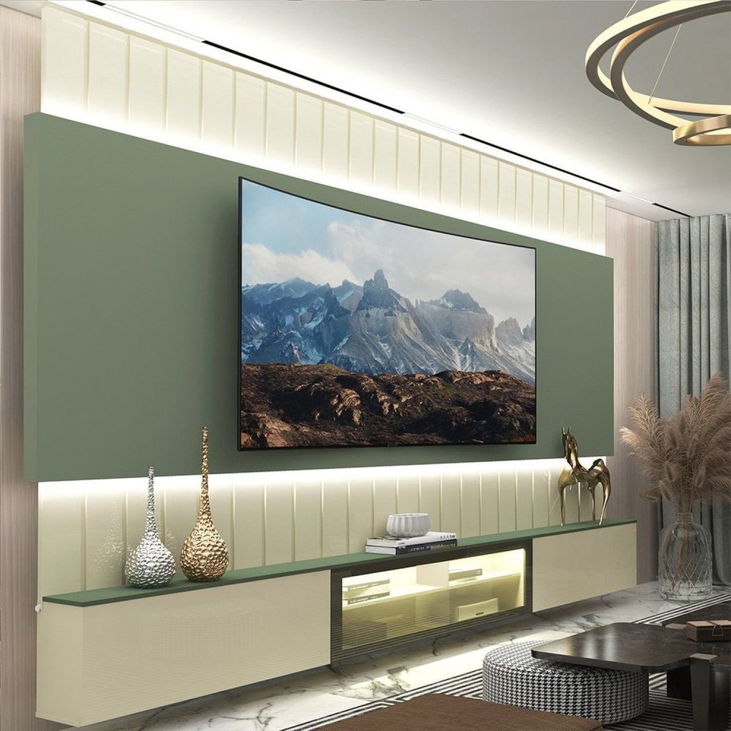 Estante para TV e Home Theater até 115 Polegadas 100% MDF com LED com Vidro Reflecta 260CMX251,5cm LED Soberano Verde