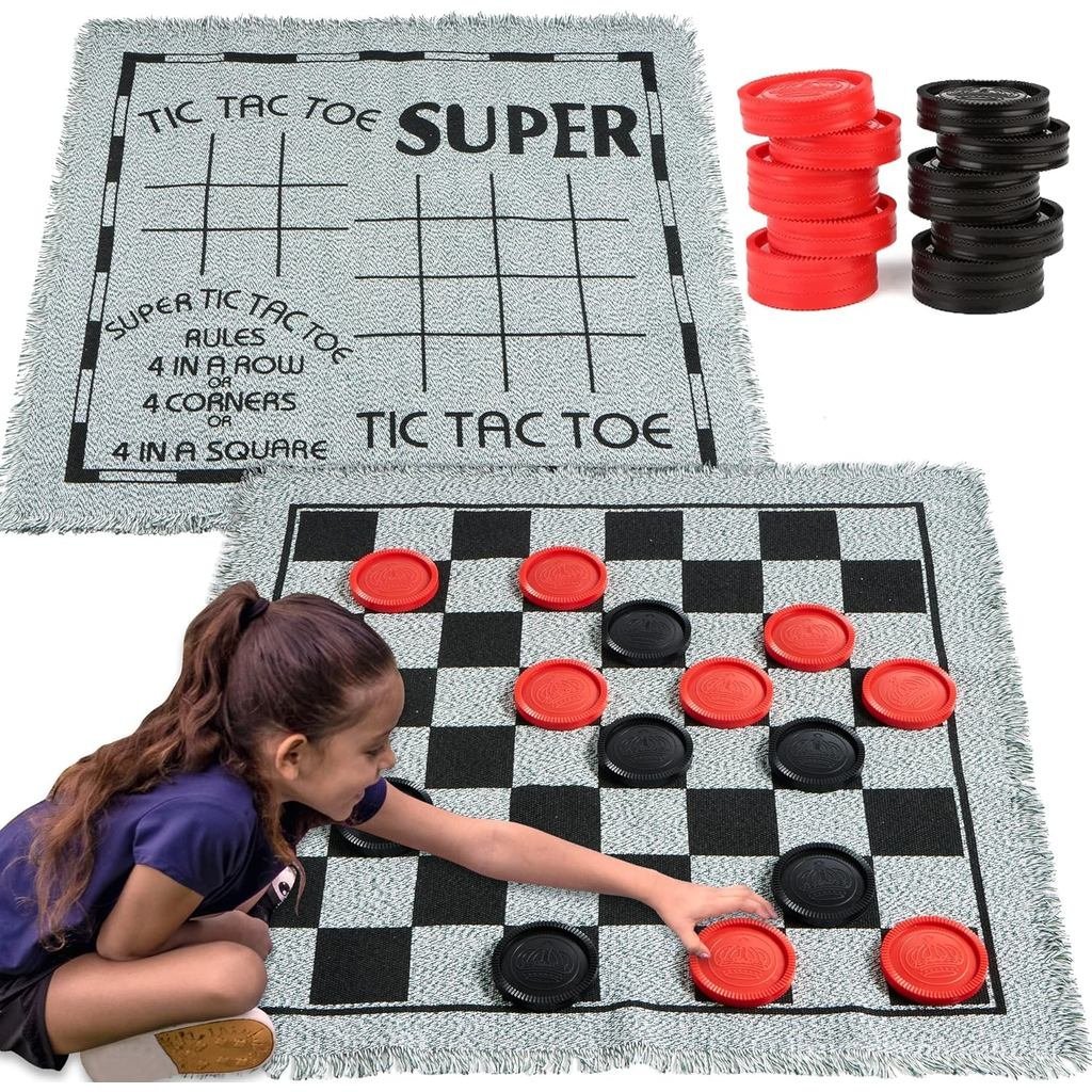 Jogo de Damas Gigante Vintage 3 em 1, Tic-Tac-Toe, com Tapete Reversível, 24 Peças, Jogo de Tabuleiro Familiar, Jogo par
