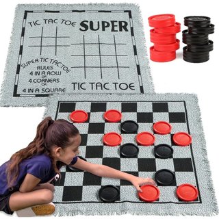 Jogo de Damas Gigante Vintage 3 em 1, Tic-Tac-Toe, com Tapete Reversível, 24 Peças, Jogo de Tabuleiro Familiar, Jogo par