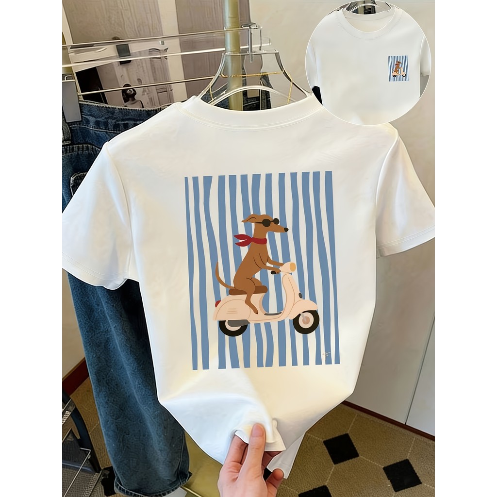Camiseta PLMM Feminina Estilo Retrô/Coreano com Listras e Estampa de Cachorro - Gola Redonda Manga Curta