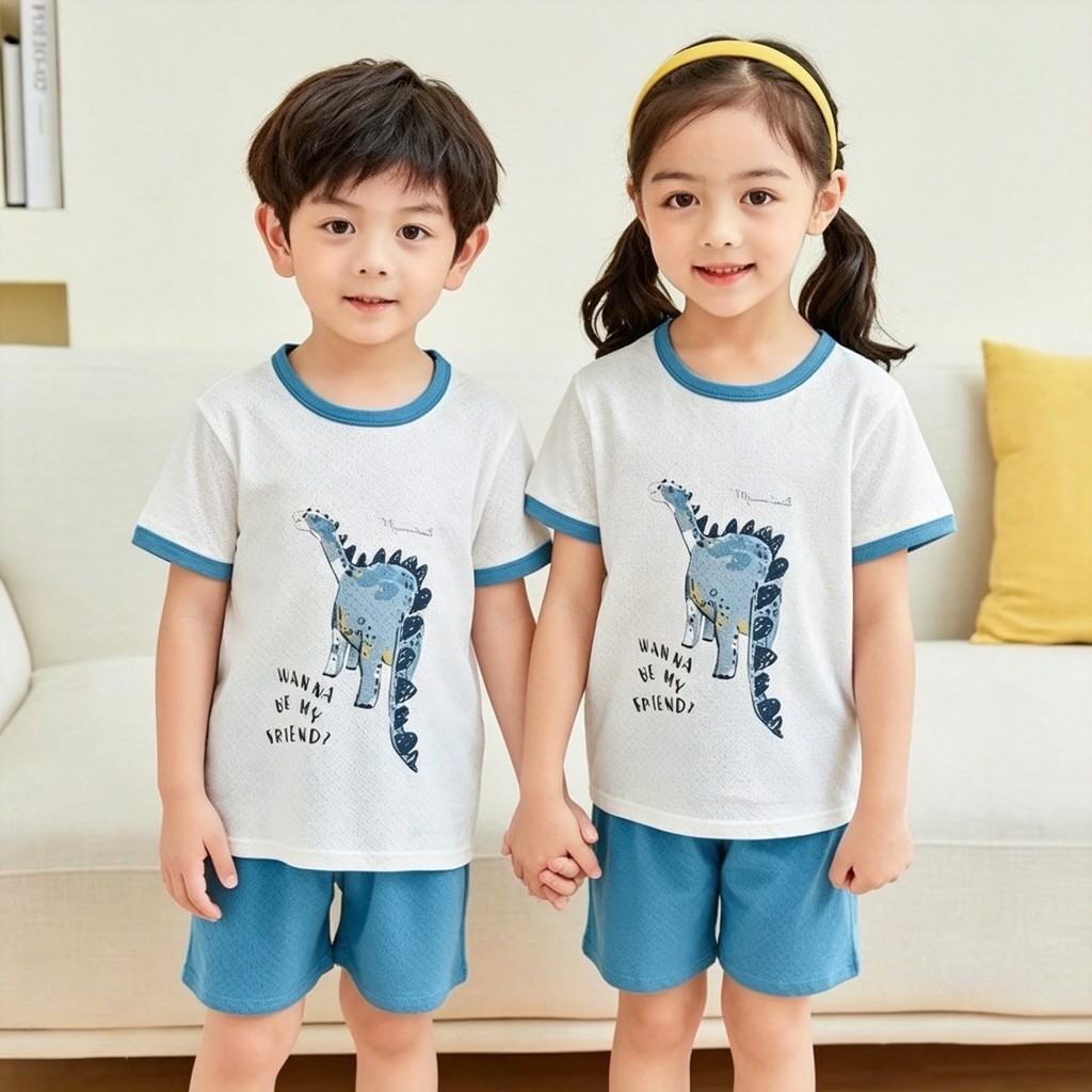 Conjunto Pijama Infantil Manga Curta + Shorts Verão Algodão Respirável - Menino e Menina Estampado