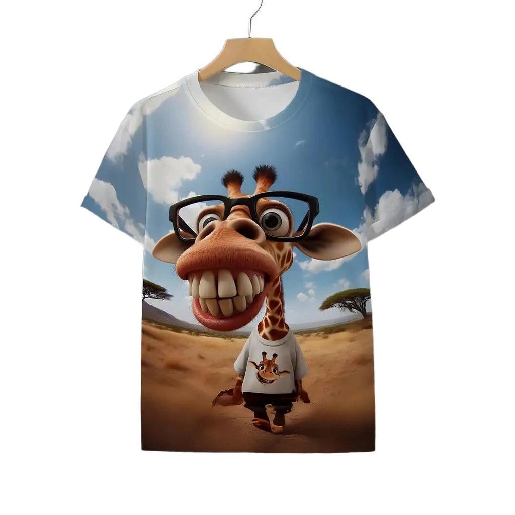 Camiseta Infantil de Manga Curta com Estampa Gráfica 3D de Girafa Engraçada, Gola Redonda, Para Meninos e Meninas, Uso D