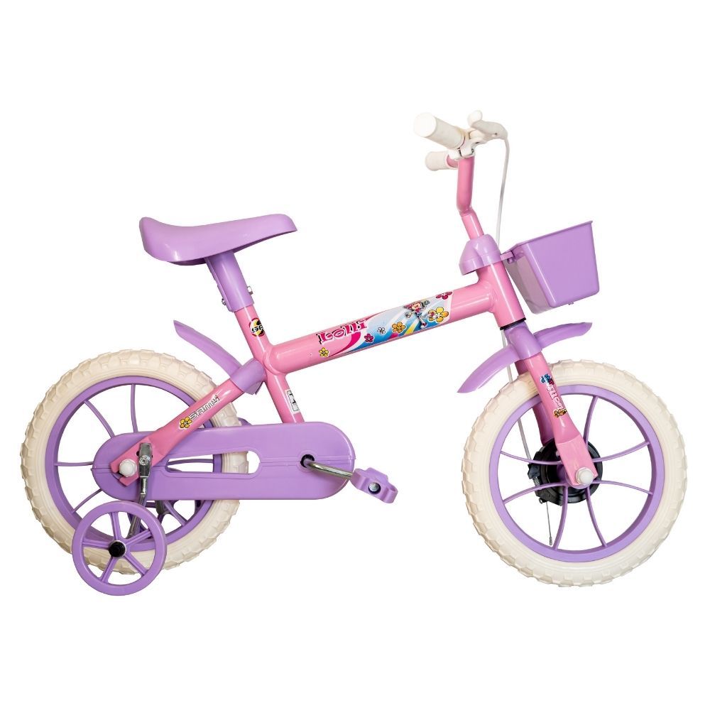 Bicicleta Infantil Aro 12 Com Rodinhas Lolli Rosa e Lilás Samy