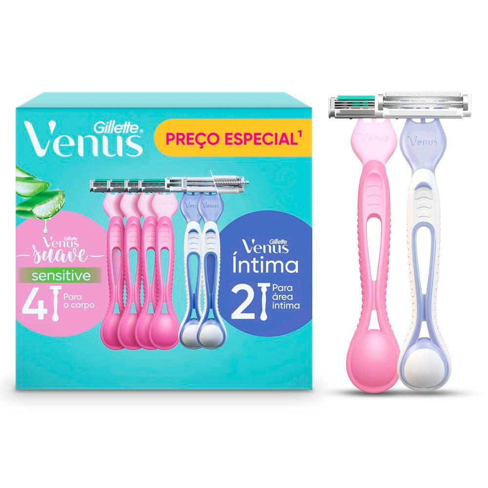 Aparelhos para Depilar Gillette Venus Suave Sensitive 4 Unidades e Aparelho Venus Íntima 2 Unidades Descartáveis
