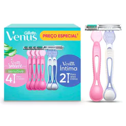 Aparelhos para Depilar Gillette Venus Suave Sensitive 4 Unidades e Aparelho Venus Íntima 2 Unidades Descartáveis