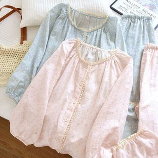 Doce pequeno Floral Cardigan pijamas feminino solto mais magro olhar estilo preguiçoso rendas calças de manga comprida H
