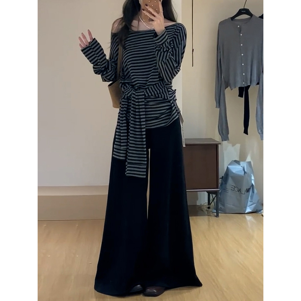 Estilo coreano estilo preguiçoso cinza listrado fora do ombro manga comprida camiseta feminina outono novo estilo Design