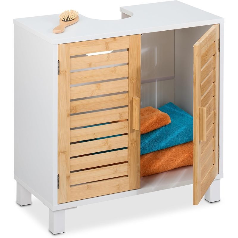 Armário De Pia Relaxdays , 2 Portas , 60x60x32 cm , Bambu & amp ; MDF , Armazenamento De Banheiro , Lavatório , Branco/N