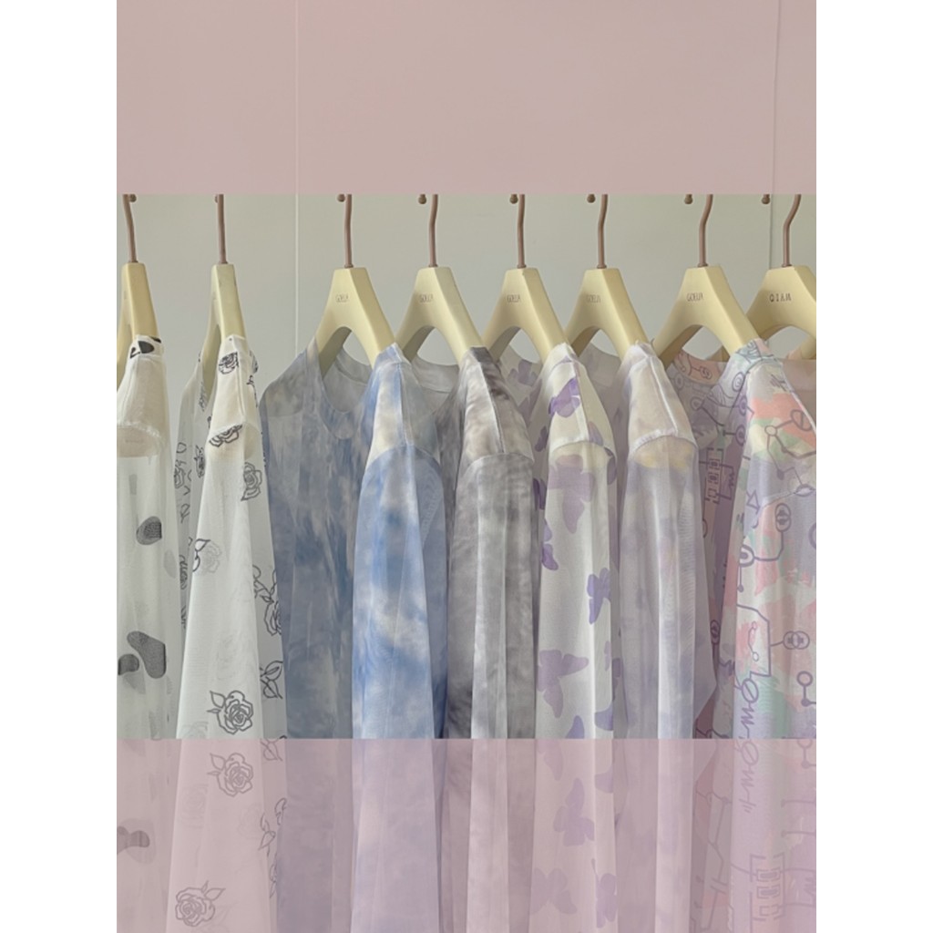 Camisa de fundo de malha renda camiseta verão primavera protetor solar em camadas tule topo impresso feminino manga comp