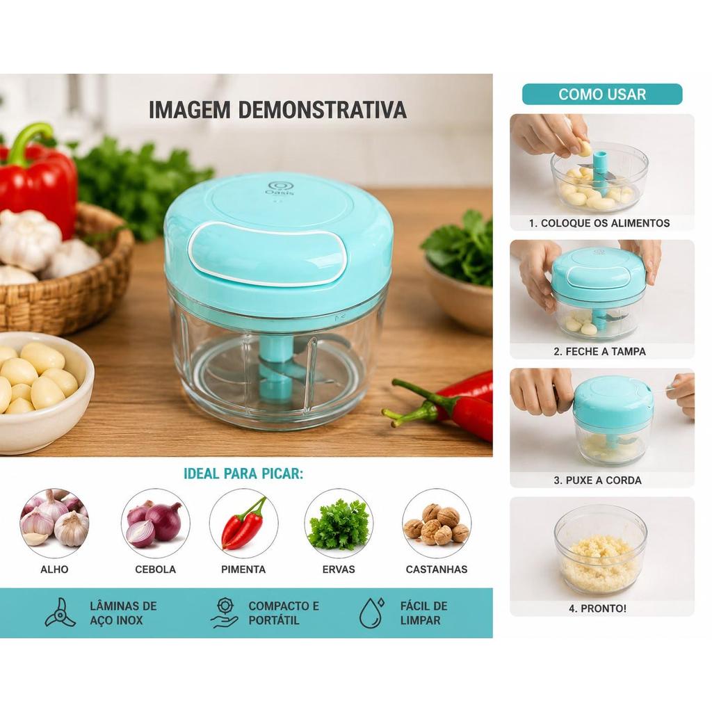 Mini Processador Elétrico Recarregável USB 300ml Portátil 3 Lâminas Inox para Alho, Cebola e Temperos
