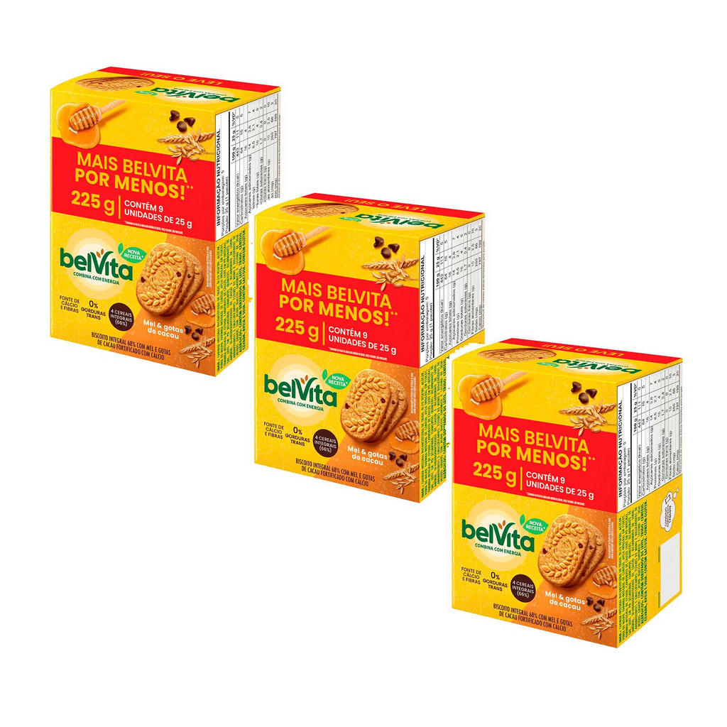 BISCOITO INTEGRAL BELVITA MEL E GOTAS DE CACAU 225g - KIT C/3un