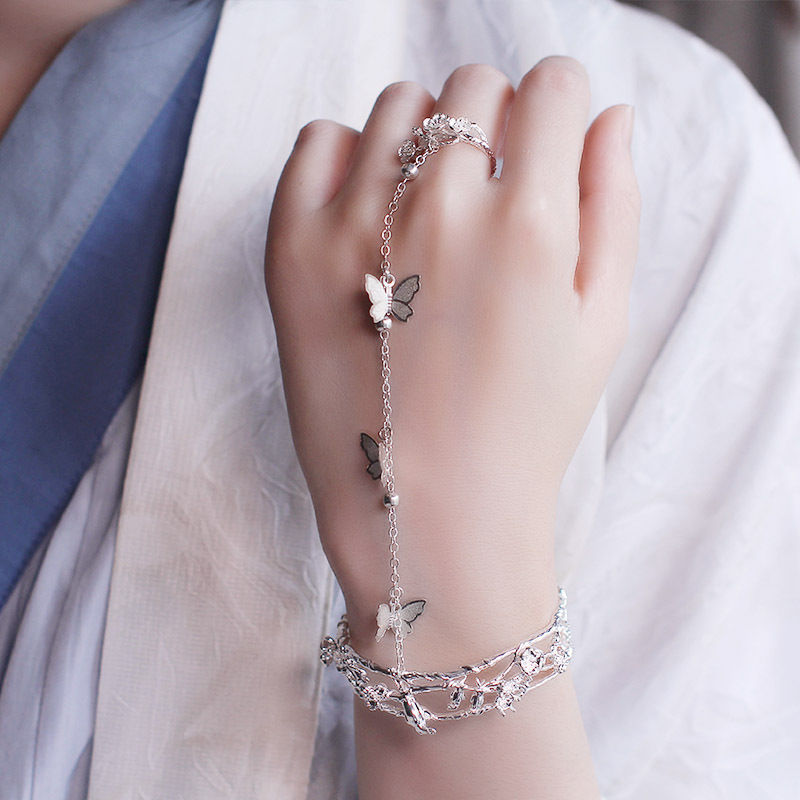 Estilo antigo sino pulseira anel uma menina antigo traje Hanfu pulseira borboleta aberta estilo chinês presente