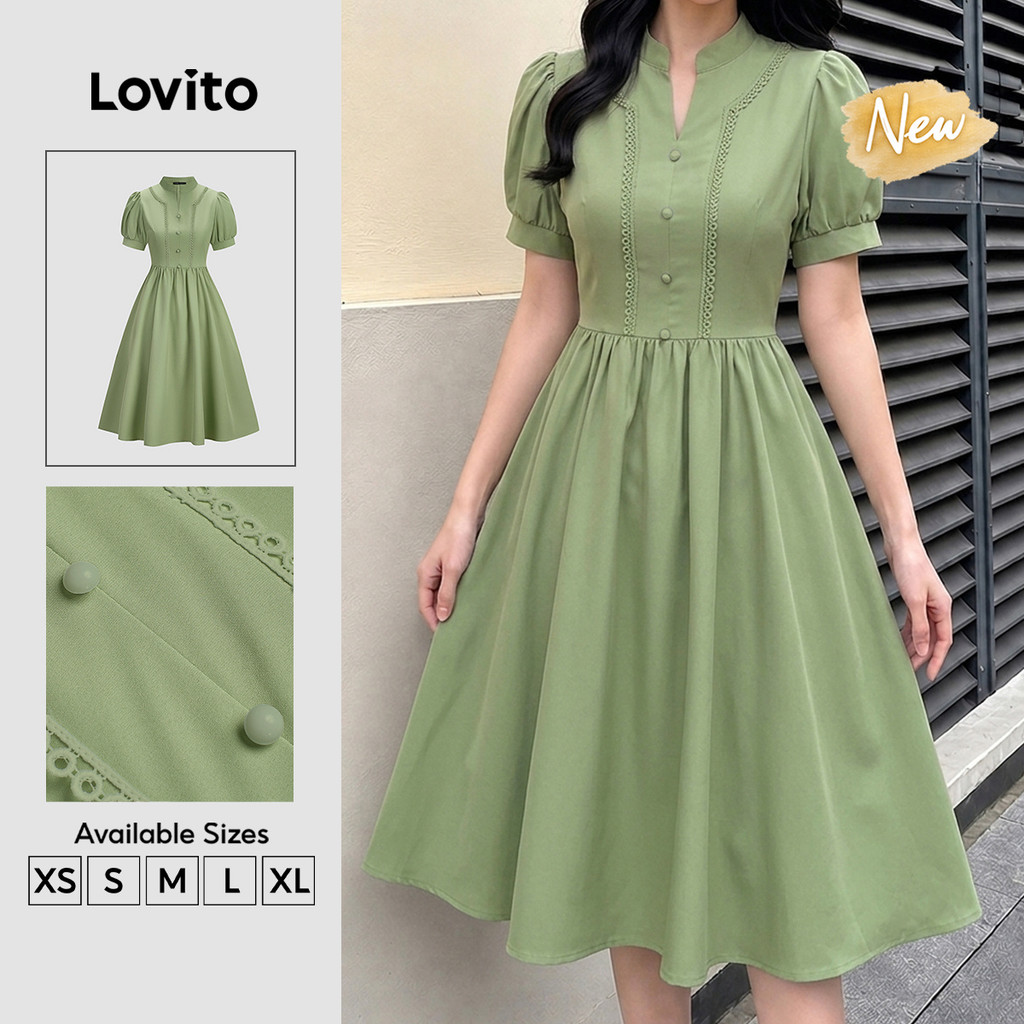 (New Arrival) Lovito Vestido Casual Feminino Botão Frente Zíper Primavera/verão Cáqui LK7ED578
