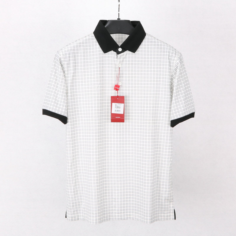 Camiseta masculina verão puro algodão malha preta lapela manga curta branca xadrez negócios Casual camiseta meio-A