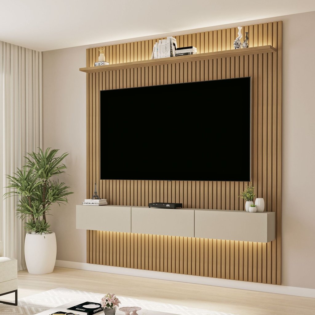 Painel Frisado para TV até 70 Polegadas com LED 218CMX179CM Cinamomo Off-White 179