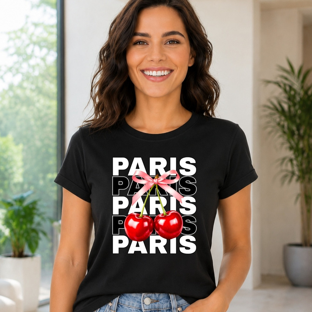 Camiseta Feminina Paris com Cerejas Estampada Casual Manga Curta Confortável Moderna 100% Algodão