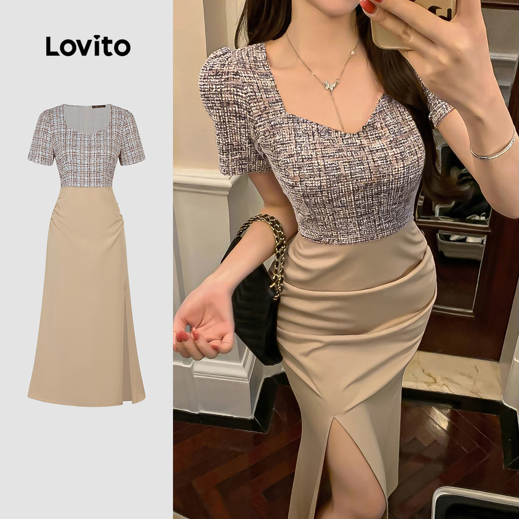 Lovito Vestido Elegante Colorblock com Fenda e Pregas Primavera/verão para Mulheres L198ED194