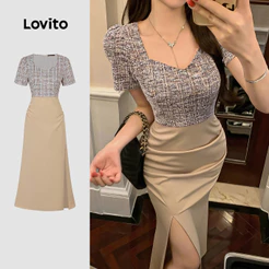Lovito Vestido Elegante Colorblock com Fenda e Pregas Primavera/verão para Mulheres L198ED194
