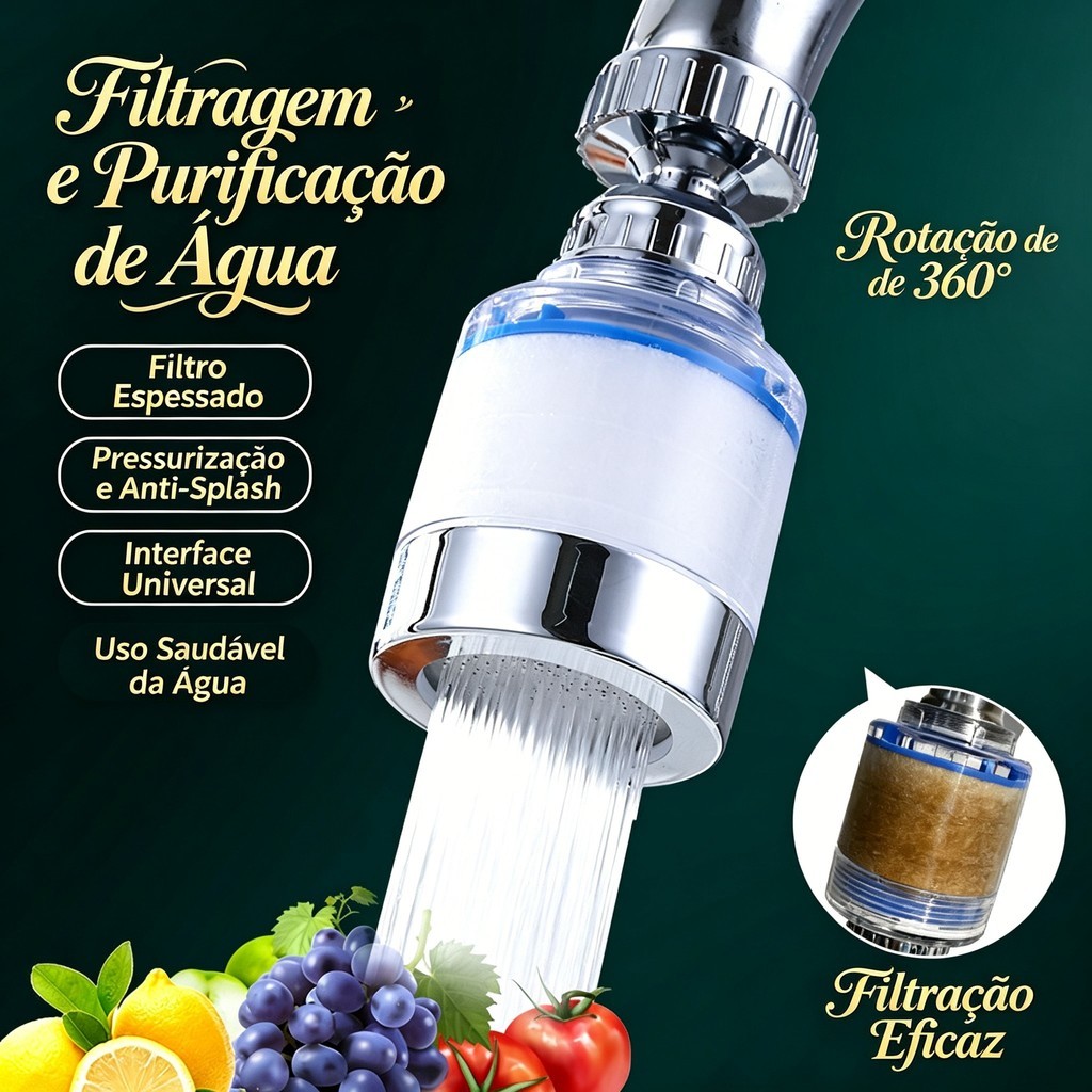 Filtro de Água para Torneira Giratório 360° Universal para Cozinha - Anti Cloro E Metais