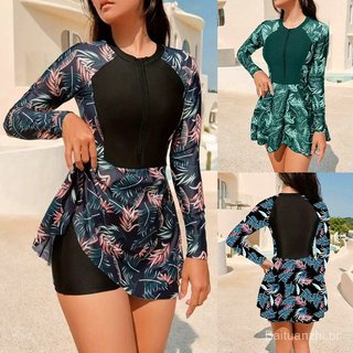 Conjunto de fato de banho feminino de duas peças, com mangas compridas e estampa tropical, inclui calções de praia, idea