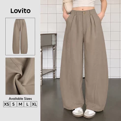 Lovito Calça Casual com Estrutura de Linhas e Botão Calça Caqui para Mulheres primavera/verão PTK8TD206