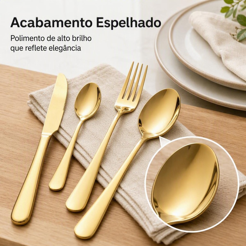 18/24/36 Talheres Individuais Faca Garfo Colher Sobremesa Inox Para Cozinha Dourado