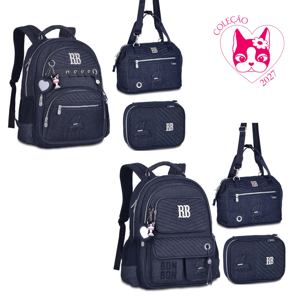 Kit de Mochila Costas,Lancheira e Estojo Rebecca Bonbon Jeans- Clio Style