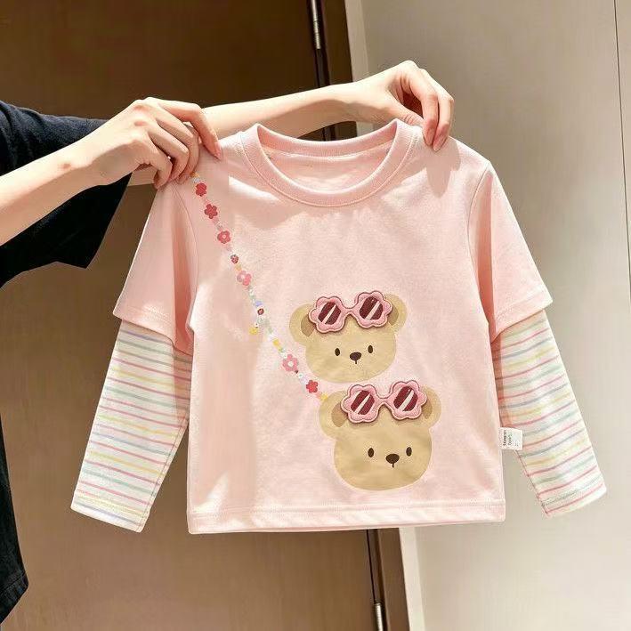 Crianças dos desenhos animados urso impresso camiseta moda bonito topo meninas outono de manga comprida falso listrado d