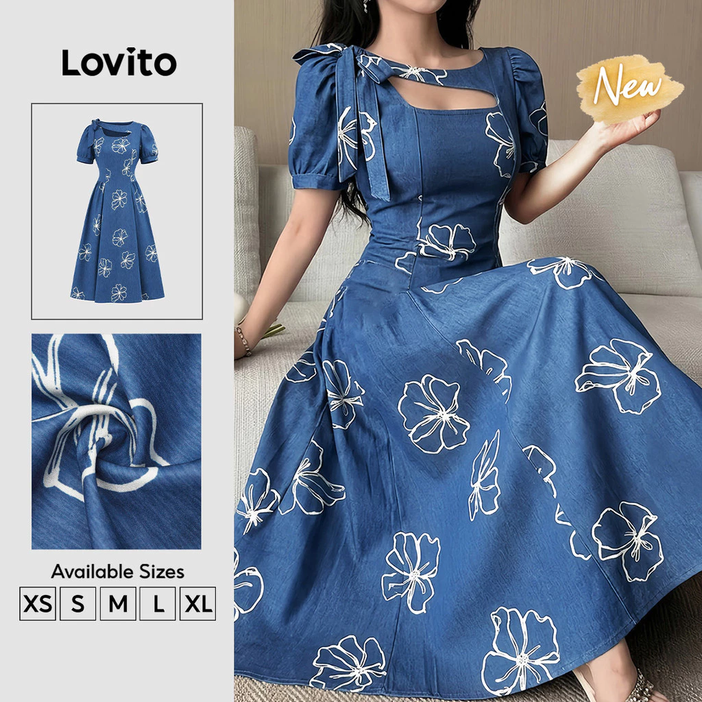 (New Arrival) Lovito Vestido Azul Feminino Floral Recortado Drapeado Longo evasê primavera/verão Trabalho DRB204P1D401 — imagem 1