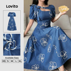 (New Arrival) Lovito Vestido Azul Feminino Floral Recortado Drapeado Longo evasê primavera/verão Trabalho DRB204P1D401